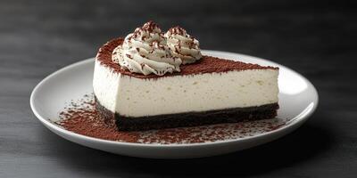 Delicious dessert featuring creamy cheesecake with chocolate crust and whipped topping on a white plate photo