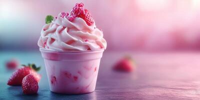 Creamy strawberry soft serve in a cup with fresh berries on a colorful background photo