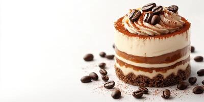 Tempting dessert with layers of chocolate and cream topped with coffee beans on a white background photo