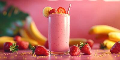 Refreshing fruit smoothie prepared with strawberries, bananas, and colorful garnish for a delightful treat photo