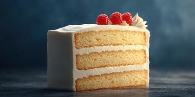 Delicious layer cake with creamy frosting and fresh raspberries on top captured in a close-up view photo
