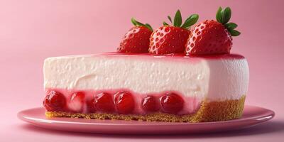 Delicious strawberry cheesecake slice placed on pink plate garnished with fresh strawberries photo