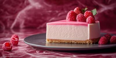 Delicious raspberry cheesecake slice on a black plate with a vibrant background photo