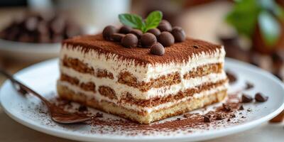 Indulgent layers of creamy tiramisu dessert artfully arranged with cocoa and chocolate spheres on a white plate photo