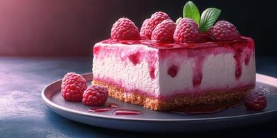 Delicious raspberry cheesecake elegantly presented on a plate in soft light photo