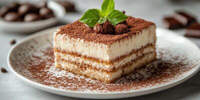 Delicious tiramisu dessert served on a white plate garnished with mint and cocoa powder photo
