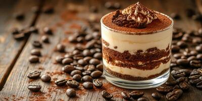 Tiramisu dessert served in a clear glass with coffee beans on a rustic wooden table photo