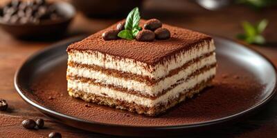 Delicious tiramisu dessert served on dark wooden table with coffee beans and mint garnish photo