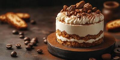 Delightful coffee-flavored dessert layered with cream and cookies sits on a rustic wooden board photo