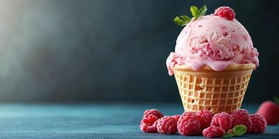 Delicious raspberry ice cream served in a waffle cone with fresh raspberries beside it on a dark background photo
