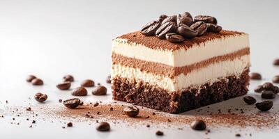 Delicious coffee-flavored dessert served on a light background with coffee beans photo