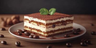 Delicious dessert with layers of cream, cocoa, and coffee served on a rustic wooden table photo