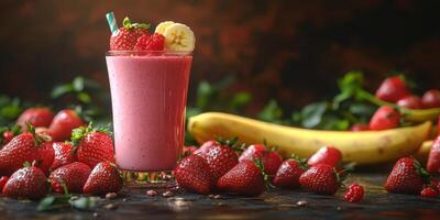 Fresh strawberry banana smoothie garnished with strawberries and a straw on a dark background photo