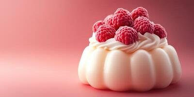 Decadent dessert topped with fresh raspberries on a soft pink background photo