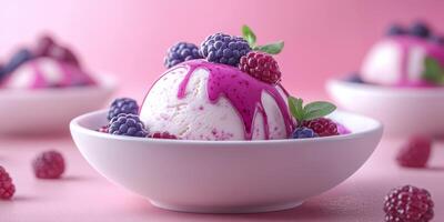 Delicious raspberry ice cream topped with fresh berries on a pink background in a sunny kitchen photo