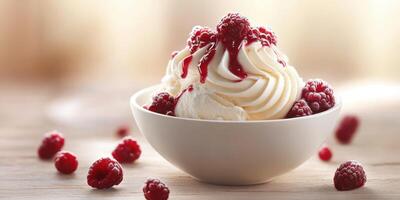 Delicious creamy dessert topped with fresh raspberries and raspberry sauce at a cozy cafe photo