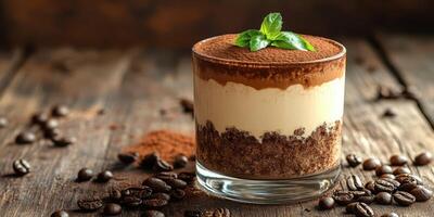 Delicious dessert featuring creamy layers and cocoa powder on rustic wooden table photo