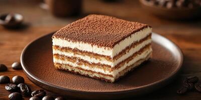 Delicious tiramisu dessert served on a rustic plate with coffee beans in a cozy cafe setting photo