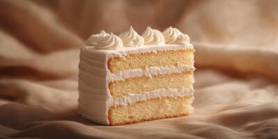Delicious vanilla cake slice with creamy frosting on a soft backdrop during a cozy afternoon photo