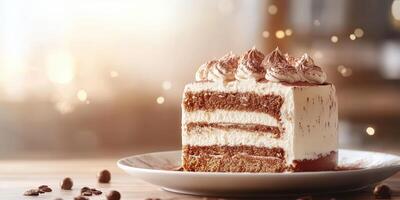 Delightful layered cake with creamy frosting and chocolate accents on a rustic wooden table photo