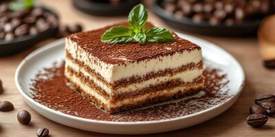 Delicious tiramisu dessert served on a plate garnished with mint leaves and surrounded by coffee beans photo