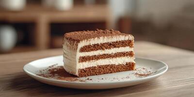 Delicious slice of chocolate cake served on a white plate in a cozy cafe setting during afternoon hours photo