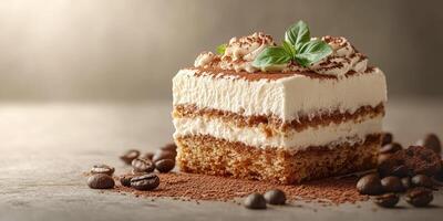 Delicious slice of dessert showcasing layers of cream, cocoa, and coffee on a rustic table setting photo