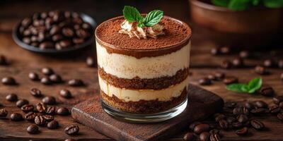 Delicious tiramisu dessert served in a glass on a rustic wooden tabletop with coffee beans and mint garnish photo
