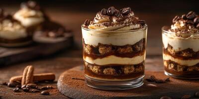 Delicious coffee dessert layered with cream, cake, and cocoa on a wooden table photo
