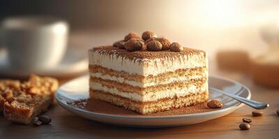 Delicious dessert featuring layers of creamy mascarpone and coffee, served at a cozy cafe during the afternoon photo