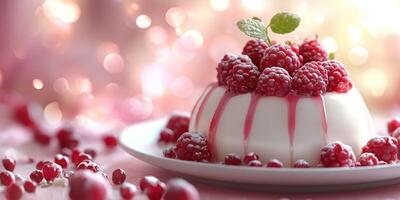 Delightful dessert featuring creamy panna cotta topped with fresh raspberries and drizzle of raspberry sauce photo