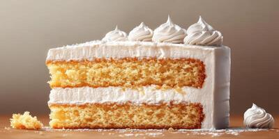 Layered vanilla cake with frosting and decorative meringue on top presented on a kitchen countertop photo