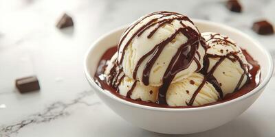 Delicious ice cream sundae with rich chocolate sauce served in a white bowl on a marble surface photo