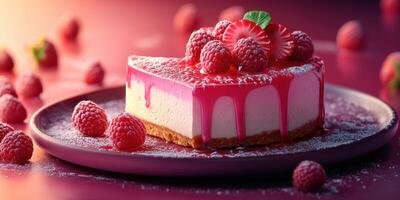 Raspberry cheesecake with fresh strawberries and drizzled syrup on a vibrant plate photo