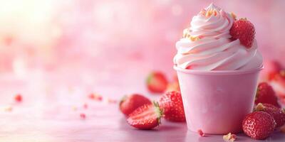 Delicious strawberry swirl soft serve ice cream in a pink cup with fresh strawberries on a pastel background photo
