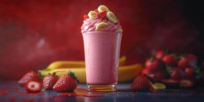 Refreshing strawberry banana smoothie served in a tall glass with fresh fruit on a blue table photo
