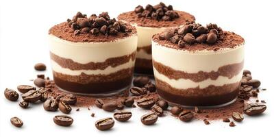 Delicious mocha mousse cups with chocolate layers and coffee beans on top during a dessert presentation photo