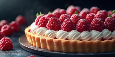 Exquisite raspberry tart with creamy frosting and vibrant berries in an artistic display photo