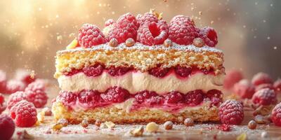 Exquisite raspberry layer cake with whipped cream and a sprinkle of sugar on a rustic wooden table photo