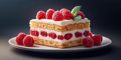 Delicious dessert featuring layers of cream, raspberries, and sponge cake served on a white plate photo