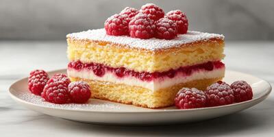 Delicious raspberry cake with layers of cream and fruit served on a plate photo