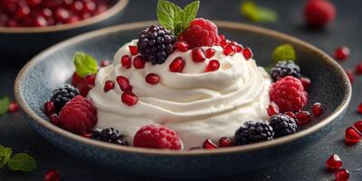 Delicious dessert featuring whipped cream topped with fresh berries and pomegranate seeds in a cozy setting photo