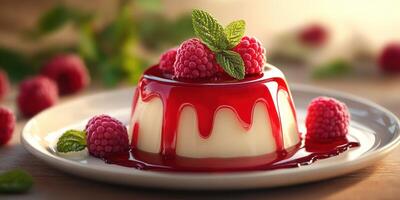 Delicious dessert featuring creamy panna cotta with raspberry sauce and fresh berries served on a white plate photo