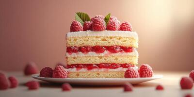 Delicious raspberry layered cake with cream and fresh berries on a white plate in soft lighting photo