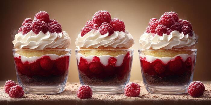 Delightful raspberry dessert cups with whipped cream during an afternoon gathering photo