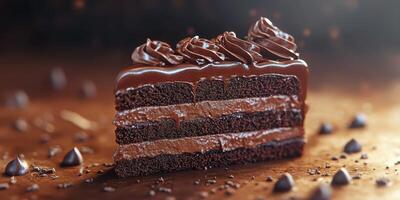 Rich chocolate cake layered with creamy frosting and adorned with chocolate swirls photo