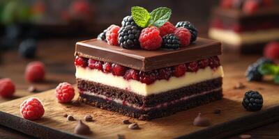 Delicious chocolate cake topped with fresh berries and mint on a wooden board photo
