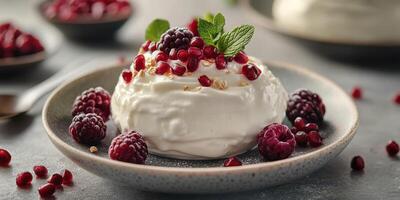 Creamy dessert with pomegranate seeds and blackberries served on a rustic plate photo