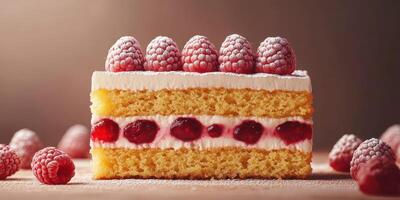 Delicious raspberry cream cake with fresh raspberries on top, perfect for dessert at any gathering photo