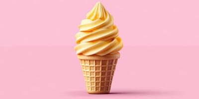 Creamy soft serve ice cream cone on a pastel pink background with smooth swirls and a crispy cone base photo